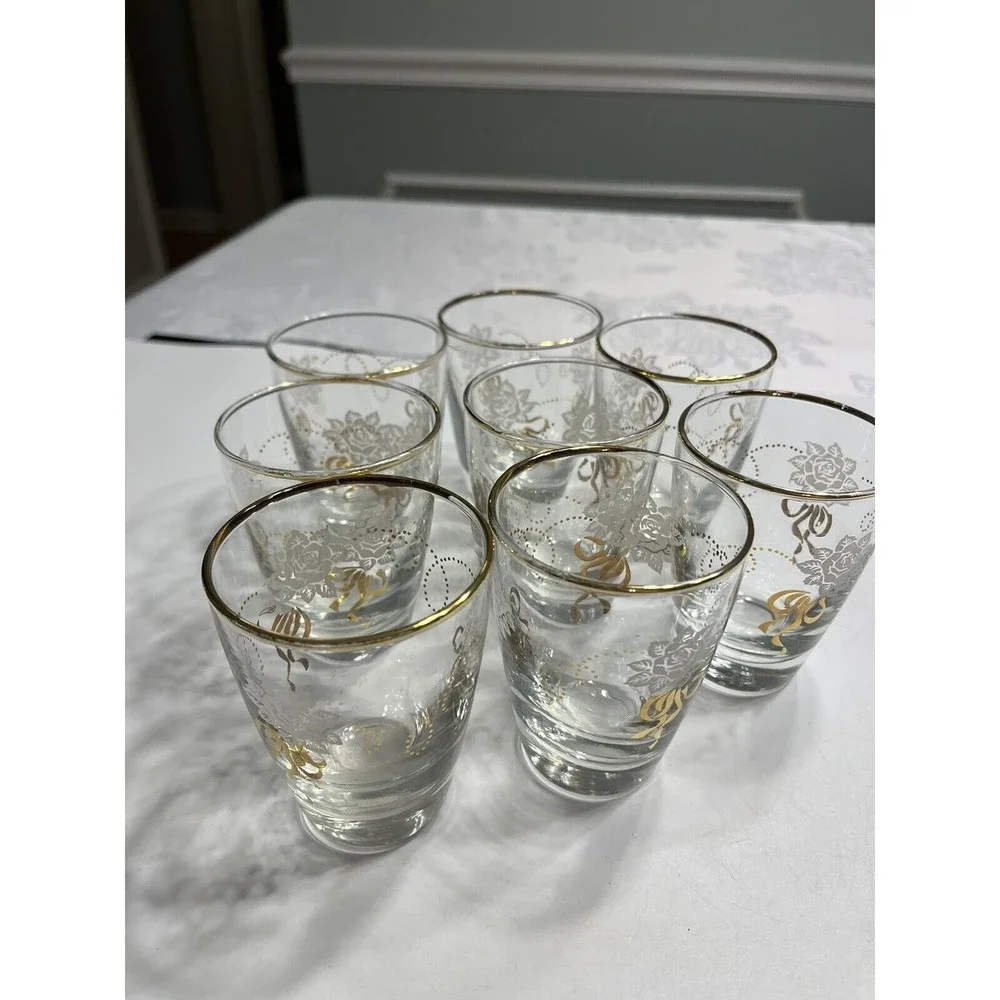 8 Vintage LIBBEY WHITE gold floral Juice GLASSES, 5 oz, flared